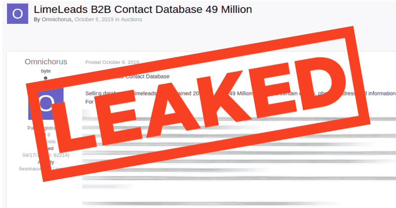 LimeLeads Database Containing 49 Million User Records Setup For Sale on Dark Forum