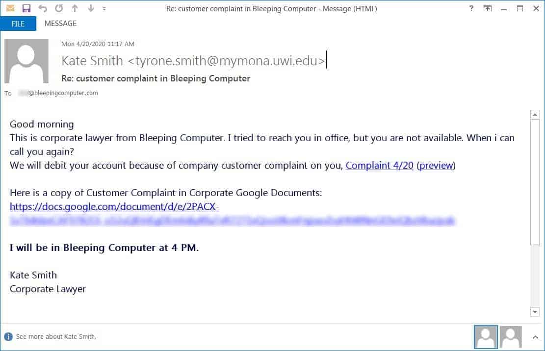 sample phishing email of BazarBackdoor