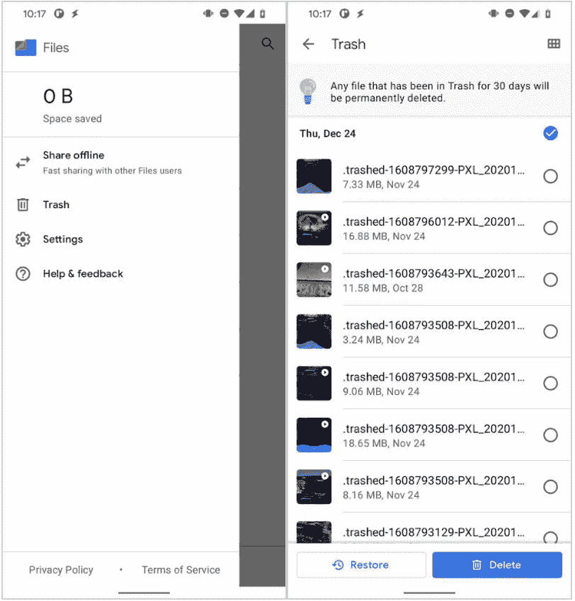 Trash section in Files by Google