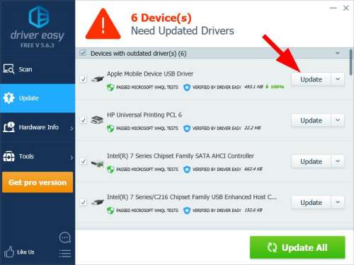 Update iPhone drivers in Driver Easy