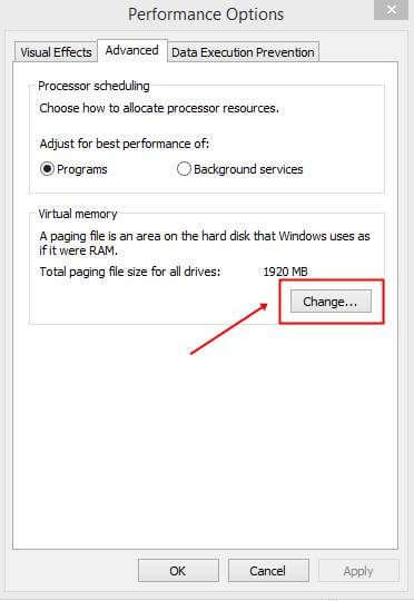 You'll find the virtual memory section there, and now you need to click on the change option
