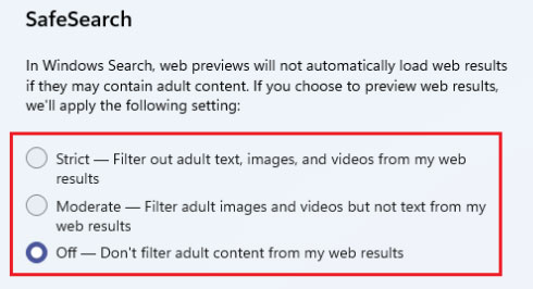 SafeSearch filter options