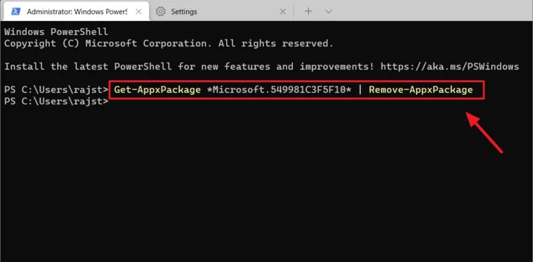 Get-AppxPackage *Microsoft.549981C3F5F10* | Remove-AppxPackage
