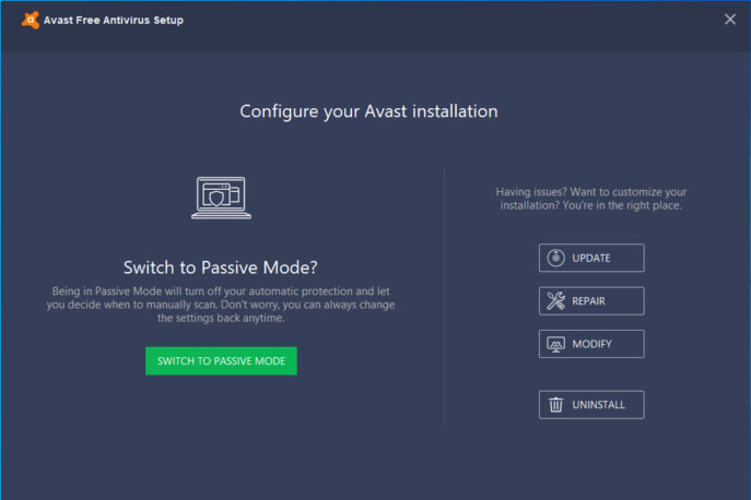 Repair Avast from Control panel