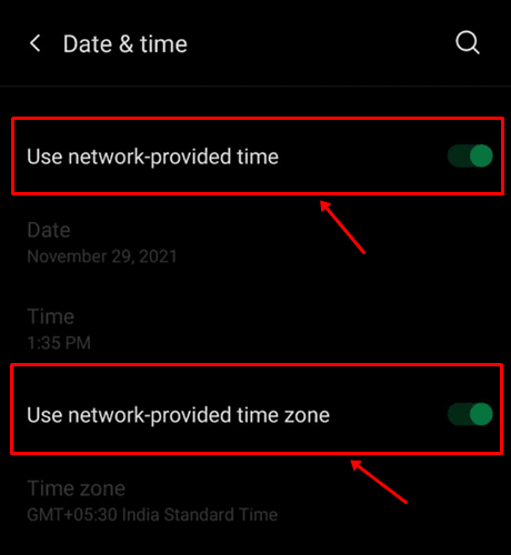 Use network-provided time” and “Use network-provided time zone”