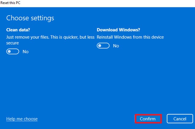 choose settings to reset Windows 11 settings to default