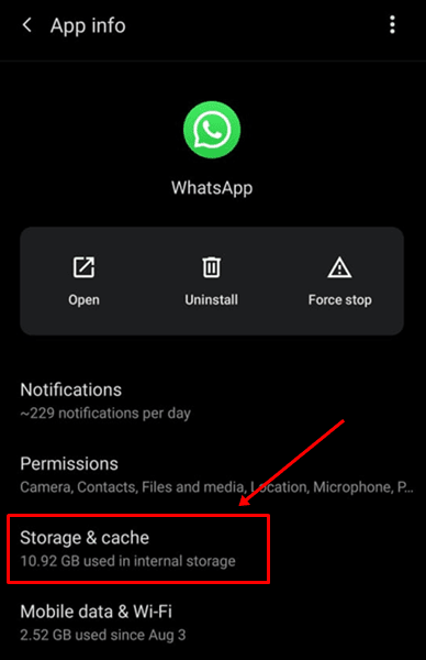whatsapp storage and cache