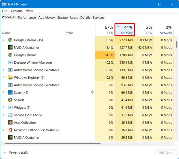 Memory tab in Task Manager