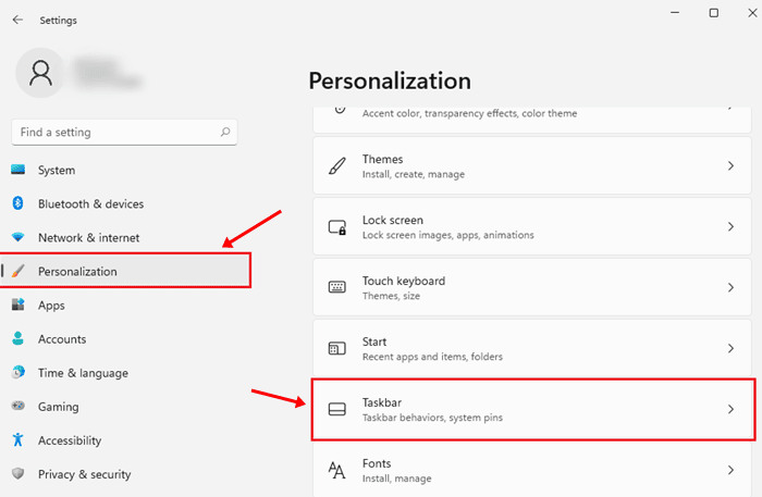 Personalization on the left menu and navigate to the Taskbar