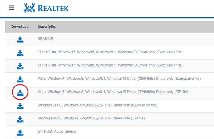 Realtek's website and download the audio driver