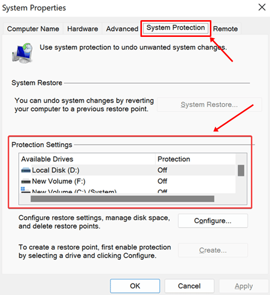 System Properties Protection Settings