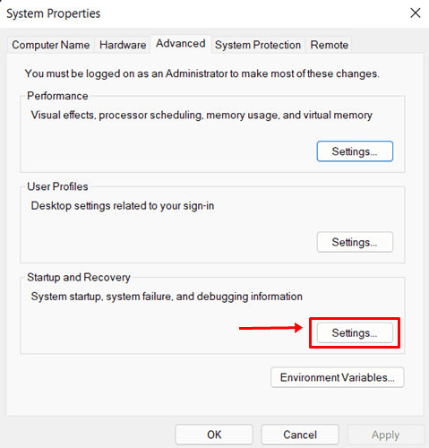 Settings option under the Startup and Recovery section