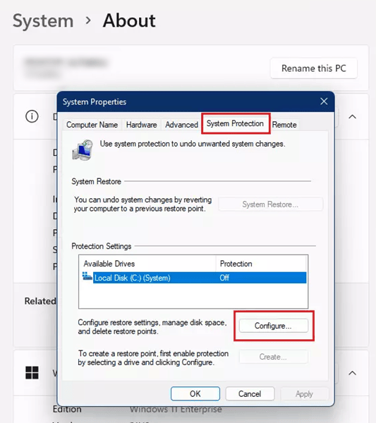 System Protection configure restore point