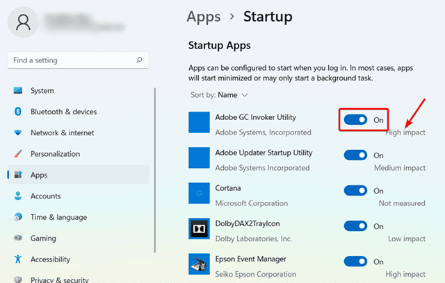 disable high impact apps from windows 11 settings
