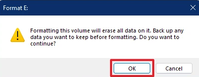 Format Drive in Windows 11 Confirmation Option