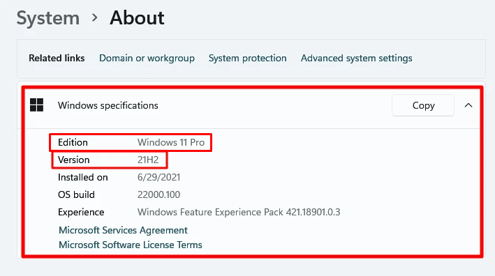 system version and edition windows 11