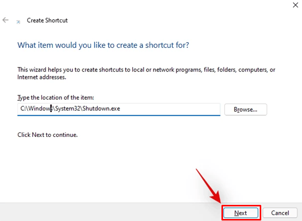 create new shortcut - shutdown exe location