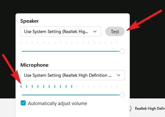Test button located in front of the Speaker option