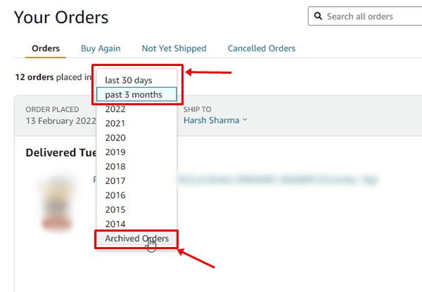 click on Your Orders then select Archived Orders