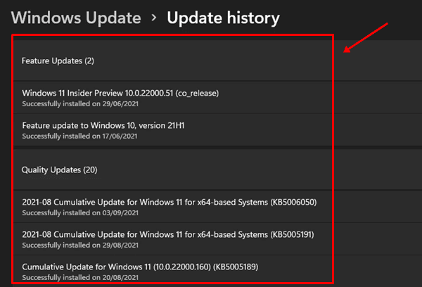 Windows update - Update History