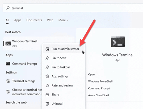 windows terminal run as admin