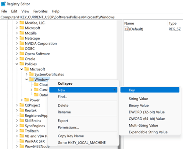 right click on the Windows folder and click on New > Key. Name that key Explorer