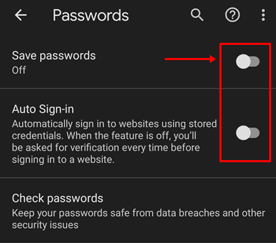 turn off save password chrome mobile