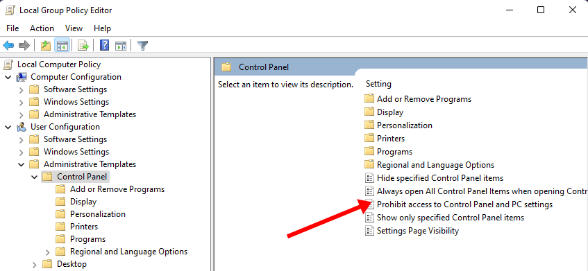Prohibit access to Control Panel and PC settings