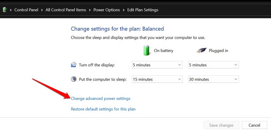 change advanced power settings on Windows OS