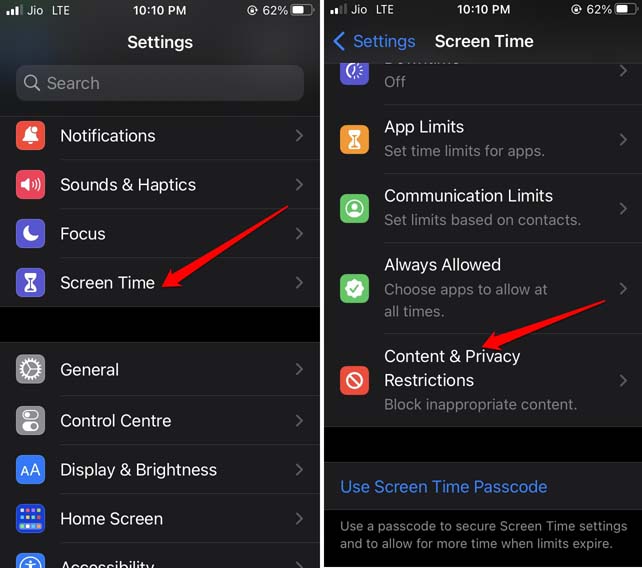 content privacy restrictions settings iOS