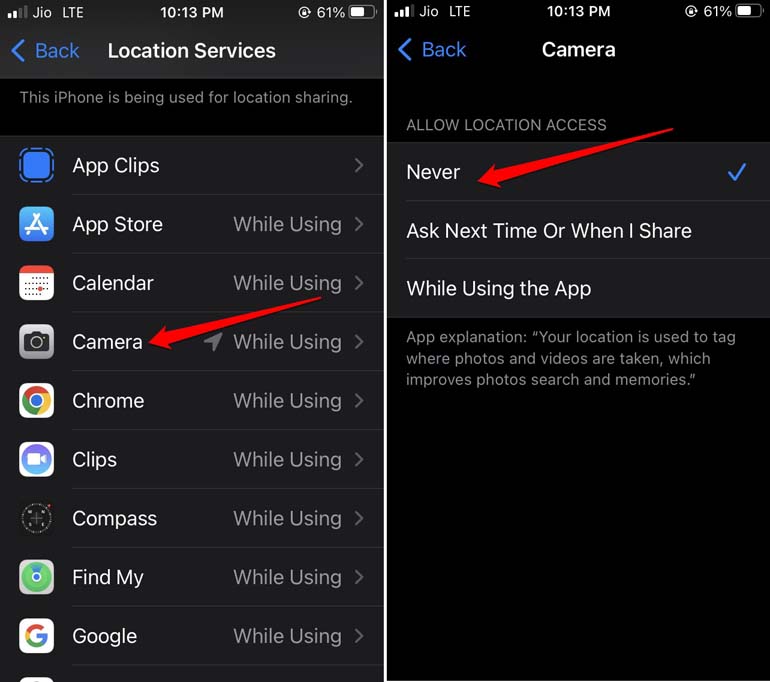 disable location access for iPhone camera app