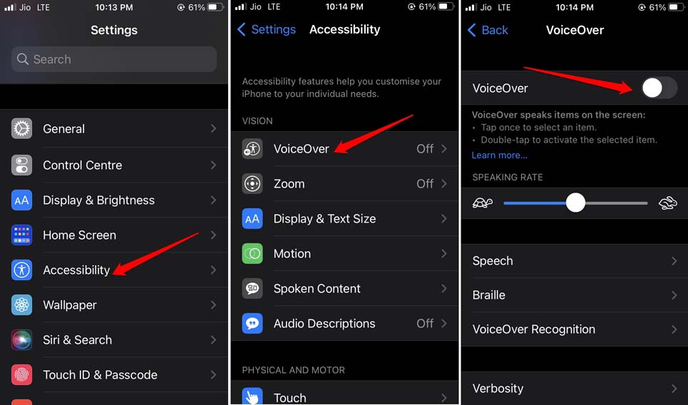 disable voiceover in iOS