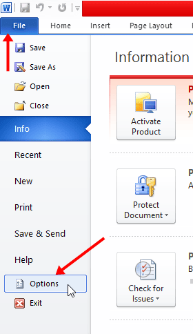 File option at the top and select Options in the Word document
