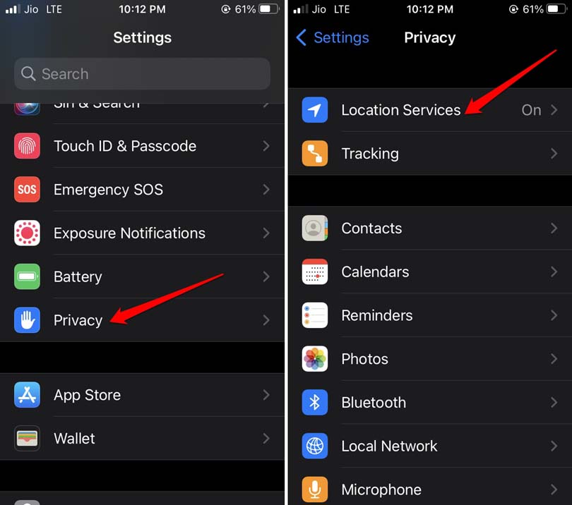 iOS location services settings