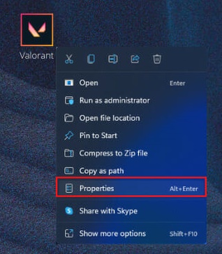 right-click on the Valorant icon and choose Properties