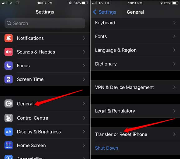reset iPhone to fix iPhone camera app black screen problem