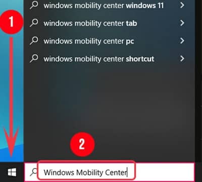 search for Windows Mobility Center