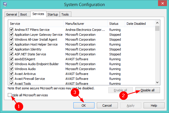 Hide All Microsoft Services and click on Disable All button.