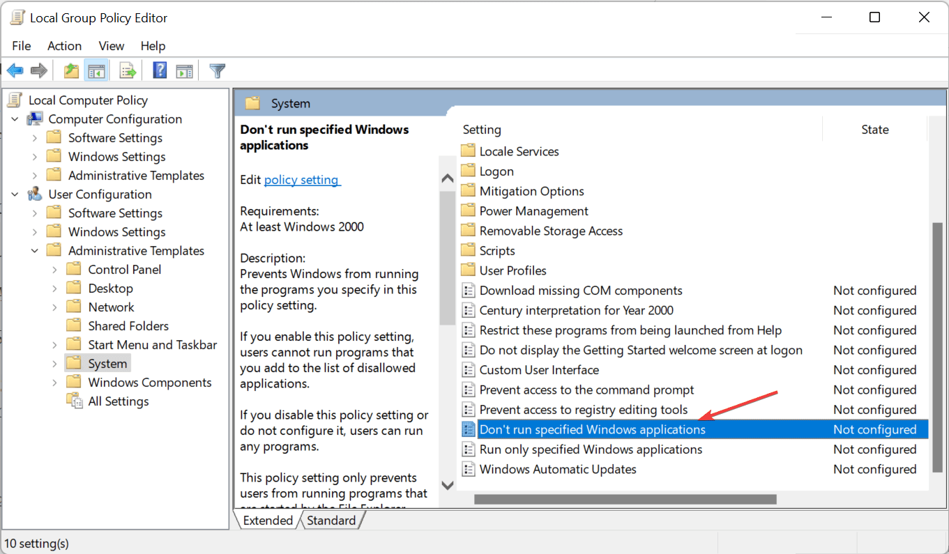 No ejecutar aplicaciones de Windows especificadas