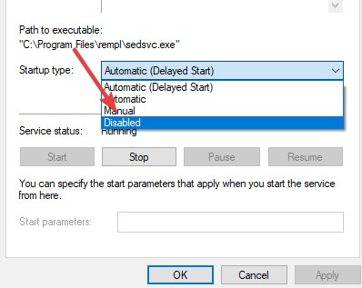 Startup type to Disabled