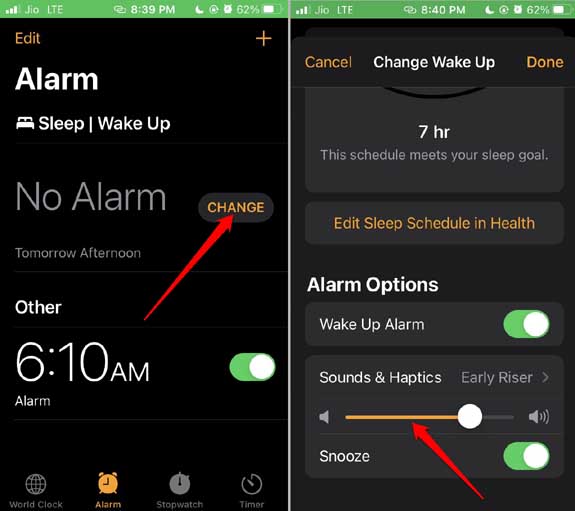 ajustar el volumen de la alarma en la función de alarma de activación del iPhone