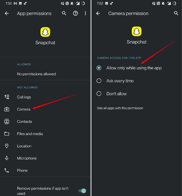 allow permission to Snapchat is Snapchat video call is not working