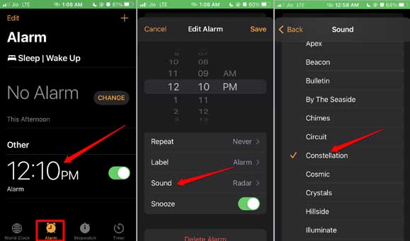 change alarm sounds on iPhone