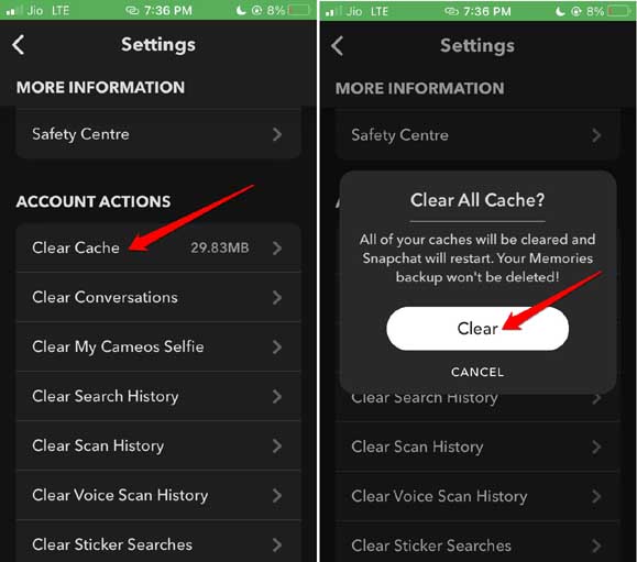 borre el caché de Snapchat para arreglar la videollamada que no funciona en Android y iPhone
