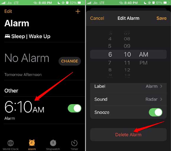delete an alarm in iPhone