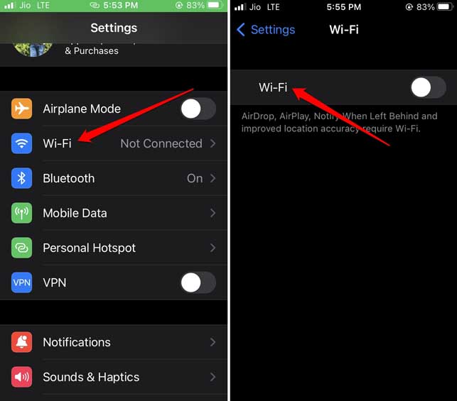 disable WiFi connection on iPhone