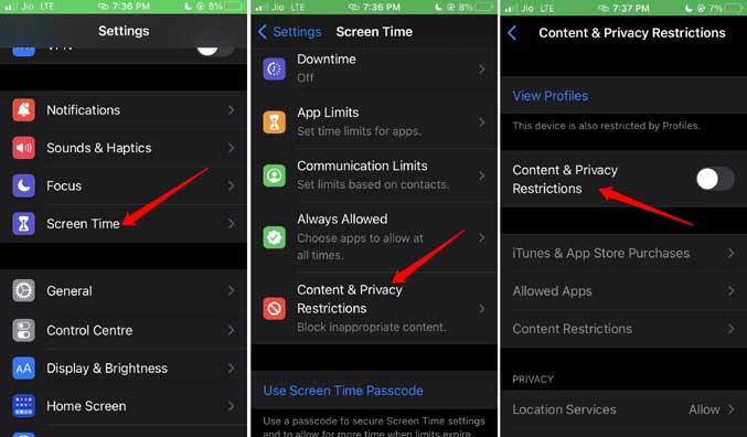 disable content and privacy restrictions on iPhone