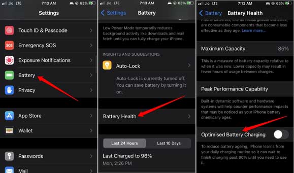 disable optimized battery charging on iPhone