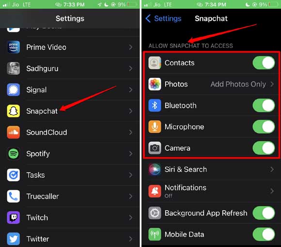 habilitar todos los permisos de aplicaciones para Snapchat