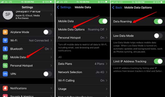 enable data roaming on iPhone